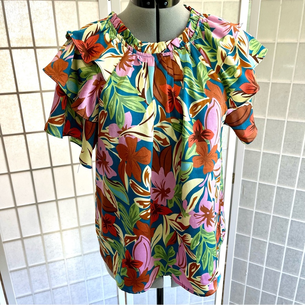 Tropical Floral Ruffle Sleeve Blouse